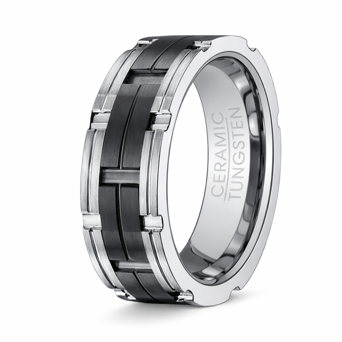 Tungsten Ring for Men with Grooved Black Ceramic Inlay | 8mm
