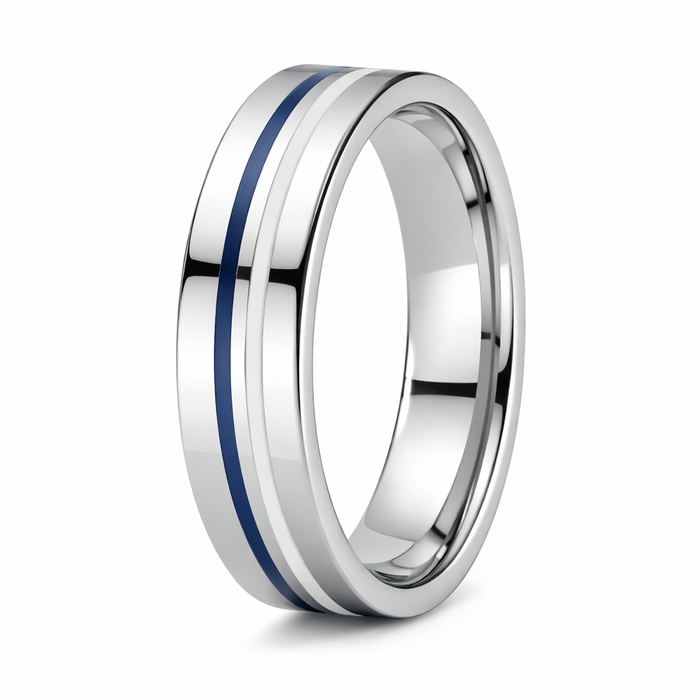 Tungsten Ring with White & Navy Blue Enamel Stripe-8mm