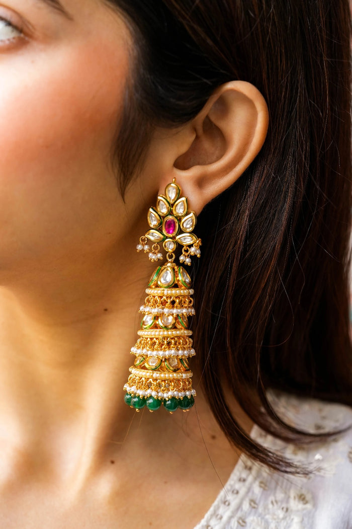 Viana Kundan Gold Plated Fusion Jhumka Earrings