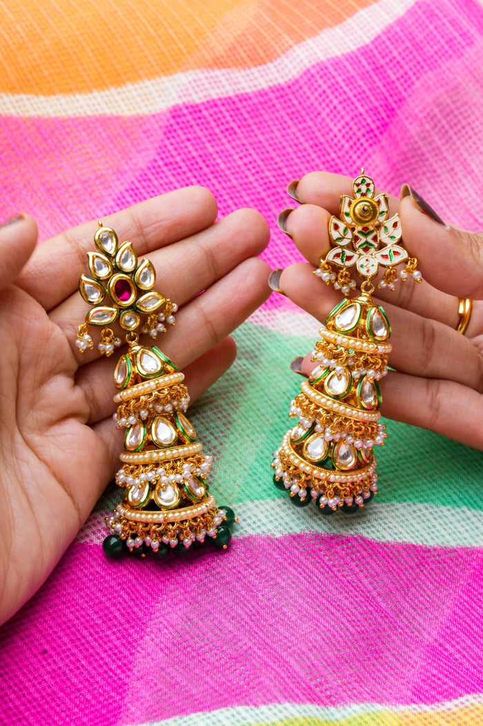 Viana Kundan Gold Plated Fusion Jhumka Earrings
