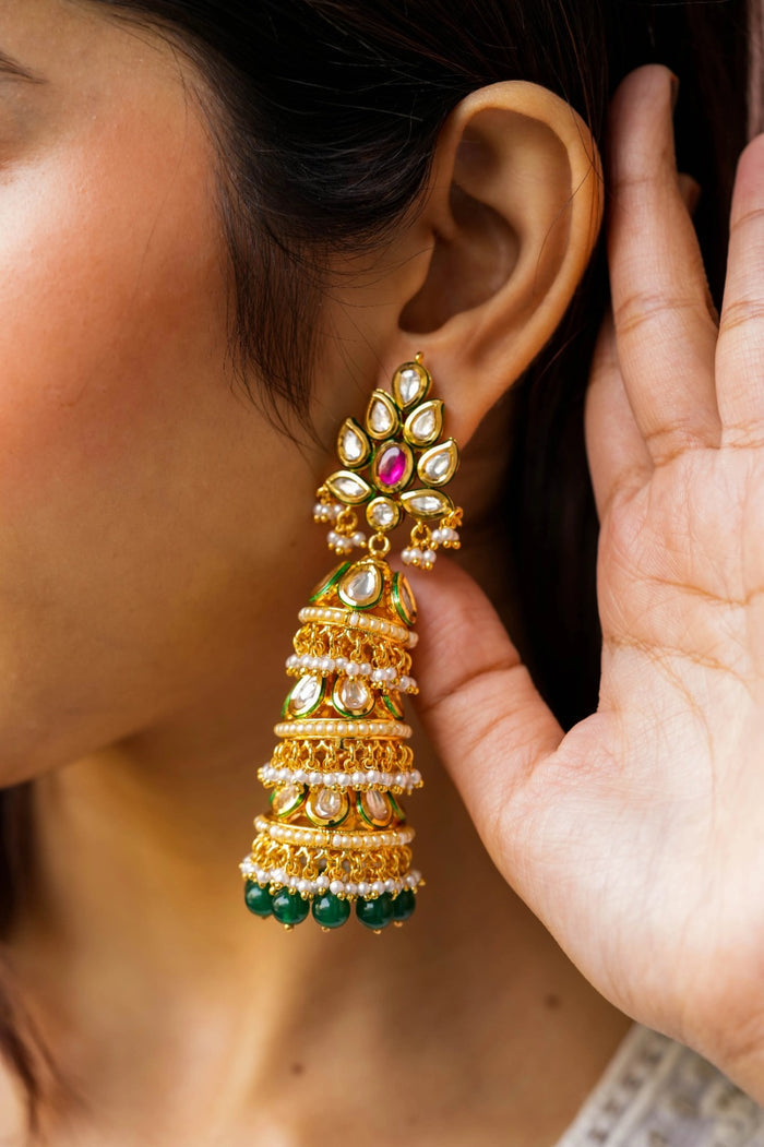 Viana Kundan Gold Plated Fusion Jhumka Earrings