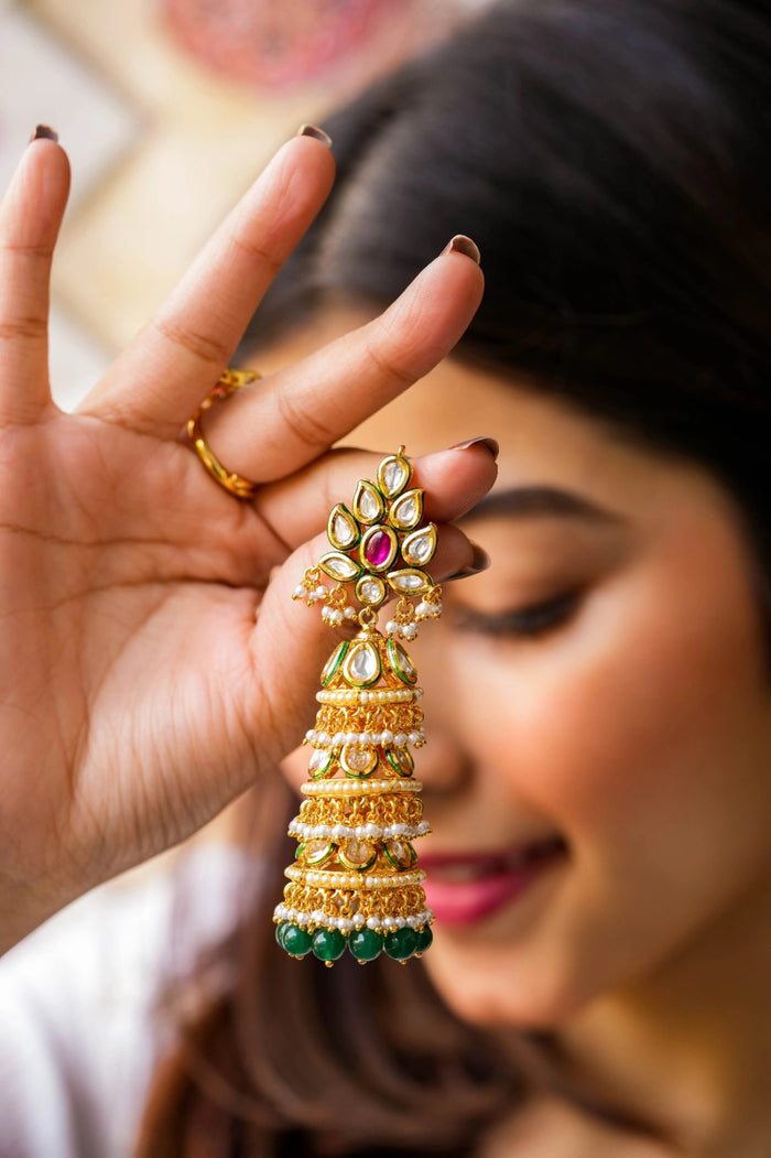 Viana Kundan Gold Plated Fusion Jhumka Earrings