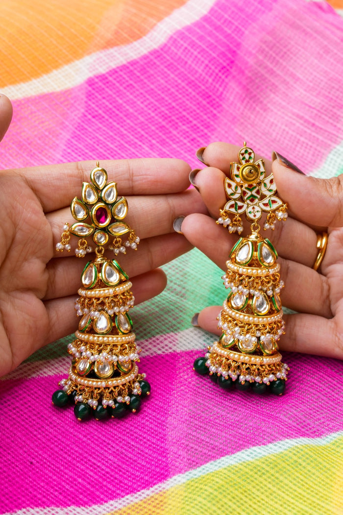 Viana Kundan Gold Plated Fusion Jhumka Earrings