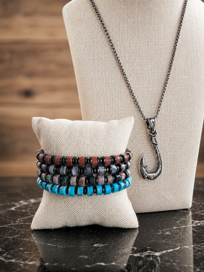 Wayfinder beaded bracelet featuring genuine gemstone beads and hematite accents in a comfortable stretch design.