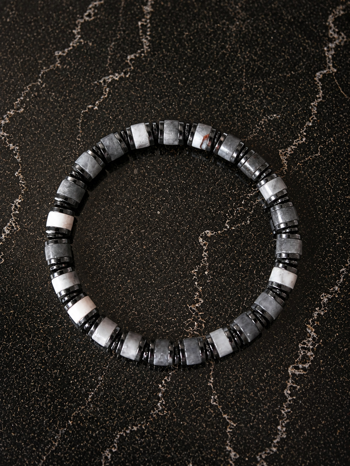 Wayfinder beaded bracelet in Grey Agate  featuring genuine gemstone beads and hematite accents in a comfortable stretch design.