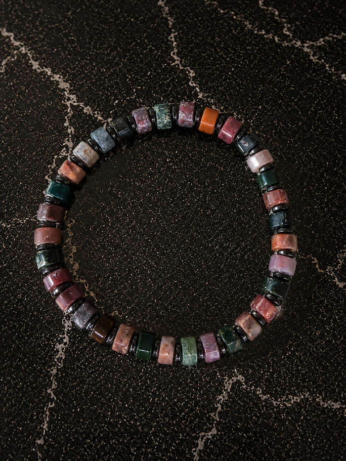 Wayfinder beaded bracelet in Indian Agate with mixed gemstone beads and hematite accents showcasing natural color variation